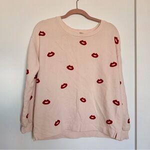 LOFT Ann Taylor Size Medium Pale Pink Sweater Sweatshirt Lip Prints Valentines